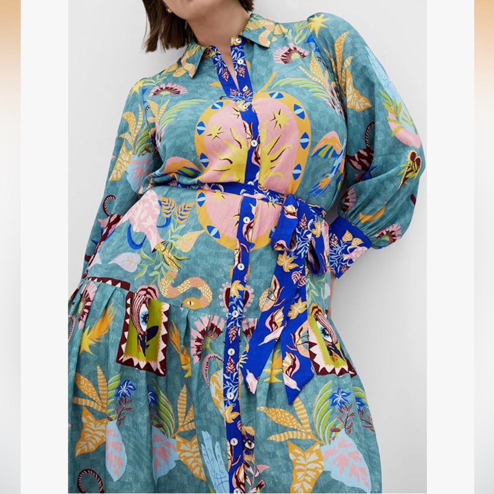 City Chic Teal Floral Print Long Sleeve Shirt Dress with Blue Trim